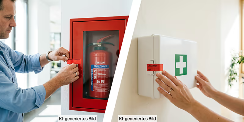 KI-generiertes Bild: Anwendungsbeispiele für Siegeletiketten: Links die Versiegelung eines Feuerlöschers, rechts ein versiegelter Verbandskasten.