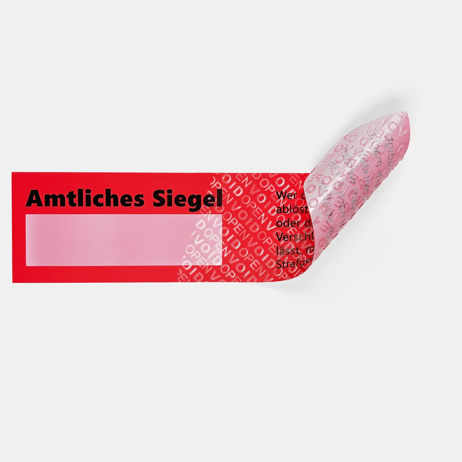 Teilabgezogenes, rotes Siegeletikett für Polizei und Ämter mit dem Aufdruck „Amtliches Siegel“, Paragrafen-Belehrungstext und Textfeld. Beim Abziehen wird ein „OPEN VOID“-Schriftzug sichtbar, ohne Kleberückstände auf dem Untergrund zu hinterlassen.