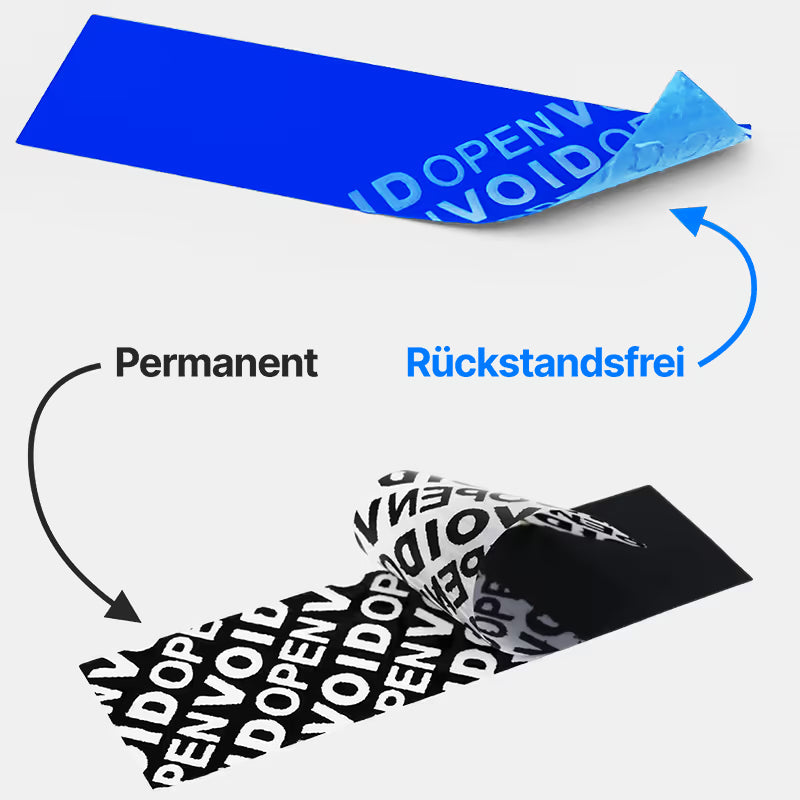 Vergleich der Siegeltechnologien „Non-Transfer“ (rückstandsfrei) und „Total-Transfer“ (rückstandshinterlassend, permanent) anhand von zwei Siegeln. Oben: Ein blauer Siegelaufkleber, teilabgezogen, mit sichtbarem „OPEN VOID“-Schriftzug ohne Kleberückstände auf dem Untergrund. Unten: Ein schwarzer Siegelaufkleber, teilabgezogen, mit „OPEN VOID“-Sicherheitstext und verbleibenden Kleberückständen auf der Oberfläche.