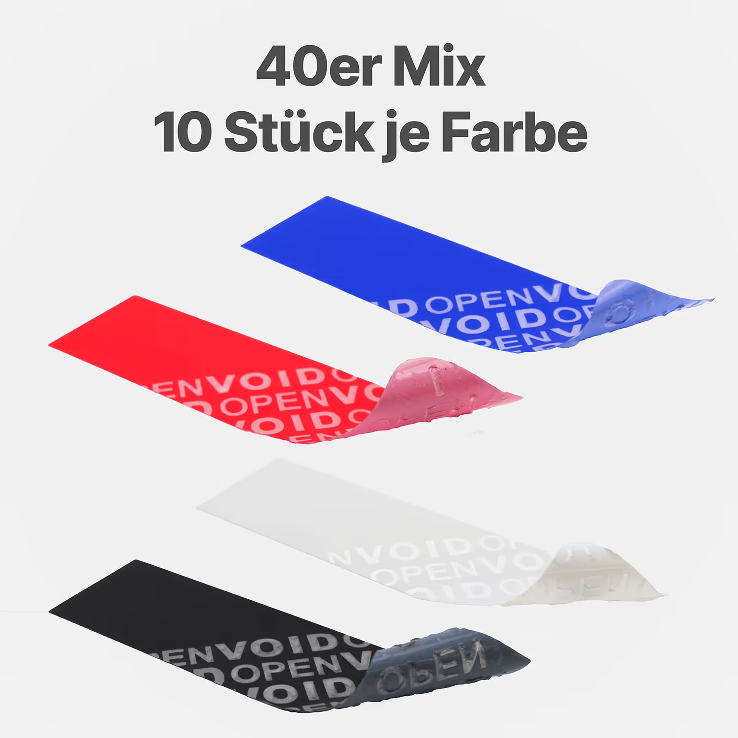 Ein blaues, rotes, schwarzes und ein weißes Non-Transfer-Siegel, teilabgezogen. Sichtbarer ‚OPEN VOID‘-Schriftzug ohne Kleberückstände auf der Oberfläche.