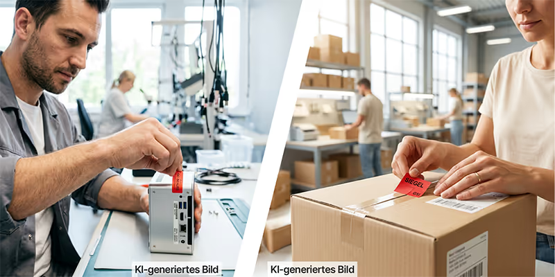 KI-generiertes Bild: Anwendungsbeispiele für Siegeletiketten: Links die Versiegelung einer Festplatte bei der Montage, rechts das Sichern eines Versandkartons im Logistikzentrum.