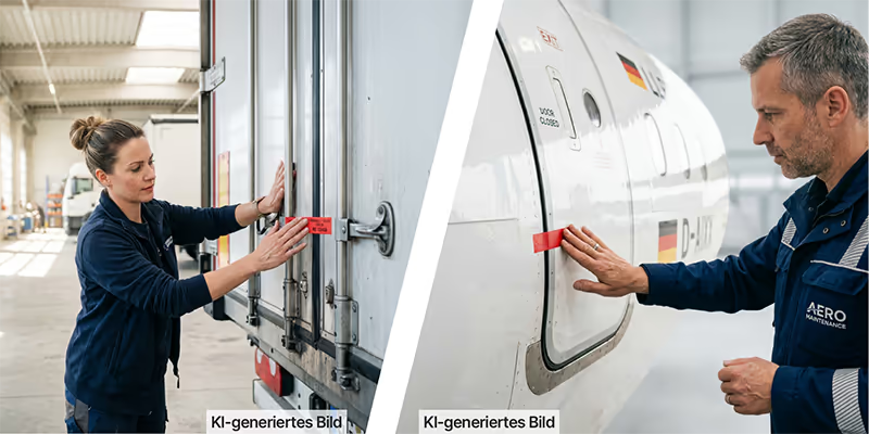KI-generiertes Bild: Anwendungsbeispiele für Siegeletiketten: Links die Versiegelung einer LKW-Tür, rechts das Sichern einer Flugzeugtür.