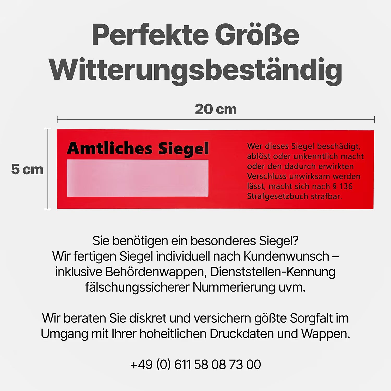 Größenbeschreibung für ein Rotes Siegeletikett für Polizei und Ämter im Format 200 x 50 mm.