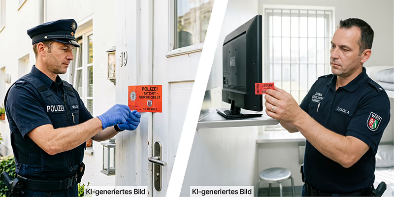 KI-generiertes Bild: Anwendungsbeispiele für Siegeletiketten: Links die Versiegelung einer Tür durch einen Polizisten, rechts das Sichern eines Fernsehers durch einen JVA-Beamten.